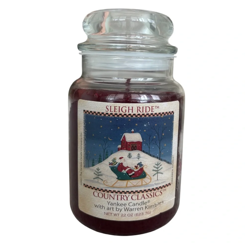 Yankee Candle Jar Sleigh Ride Rare Vintage Christmas Warren Kimble Burgundy Red